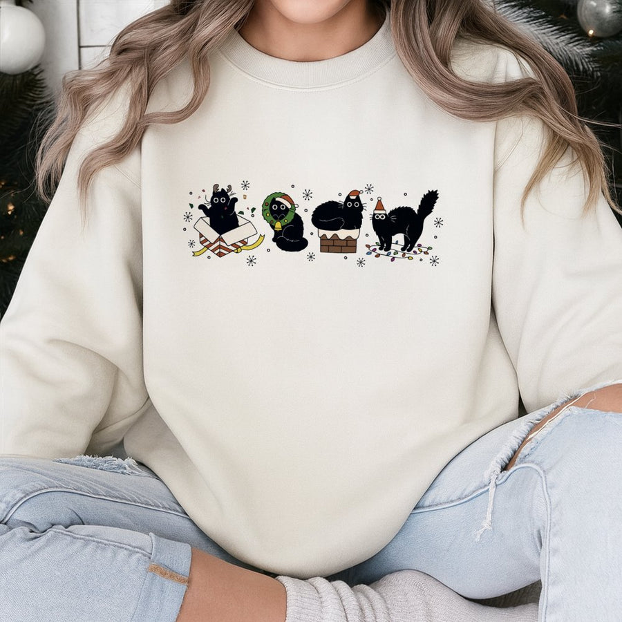 Christmas Black Cat Sweatshirt | Cute Holiday Kitties Graphic | Premium Cotton Blend | Gift for Cat Mom & Animal Lovers