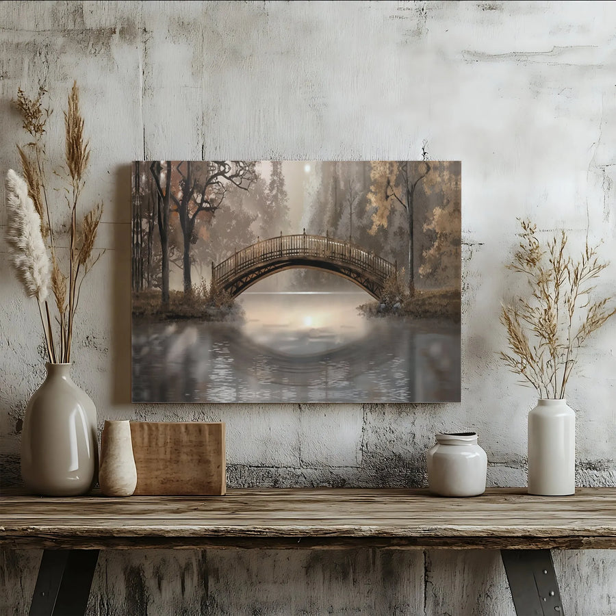 Misty Forest Bridge Canvas Wall Art | Serene River Landscape Painting | Premium Thick Gallery Wrap | Living Room & Bedroom Decor Gift