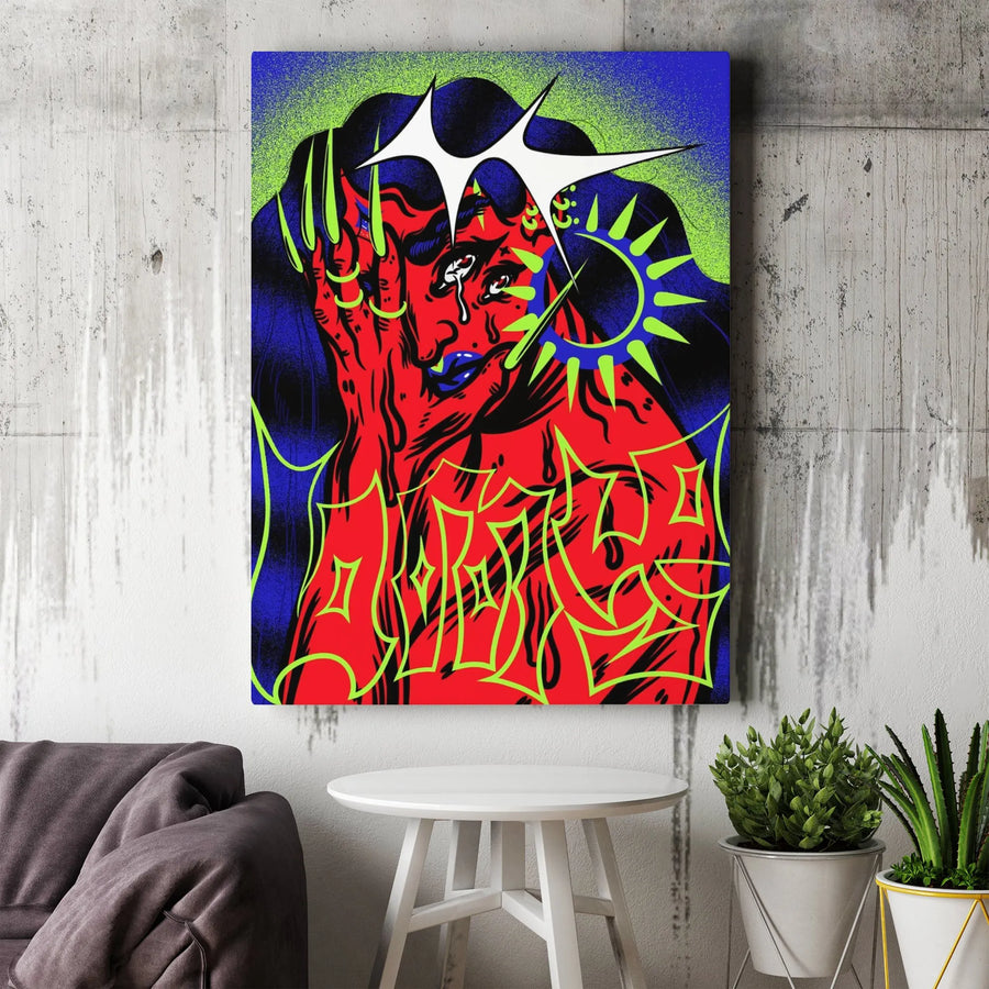 Psychedelic Gothic Wall Art | Crying Red Woman Surreal Portrait | Premium Gallery Canvas | Edgy Bedroom Decor for Alternative Aesthetics