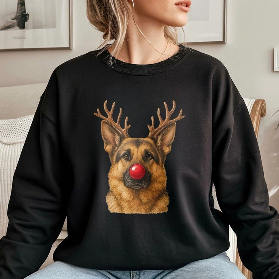 German Shepherd Christmas Sweatshirt | Reindeer Antlers Red Nose Graphic | Premium Cotton Blend | Funny Dog Lover Holiday Gift