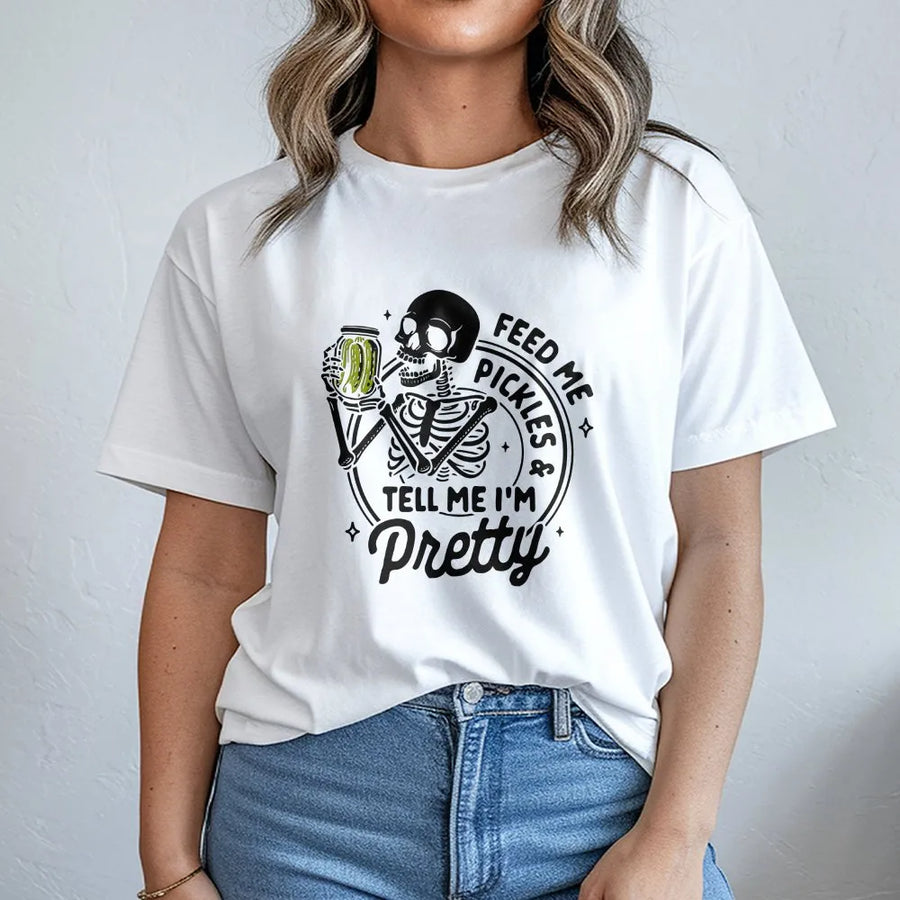 Pickle Lover T-Shirt | Funny Skeleton Eating Pickle Design | Premium 100% Cotton Tee | Gift for Pickle Fans & Foodies