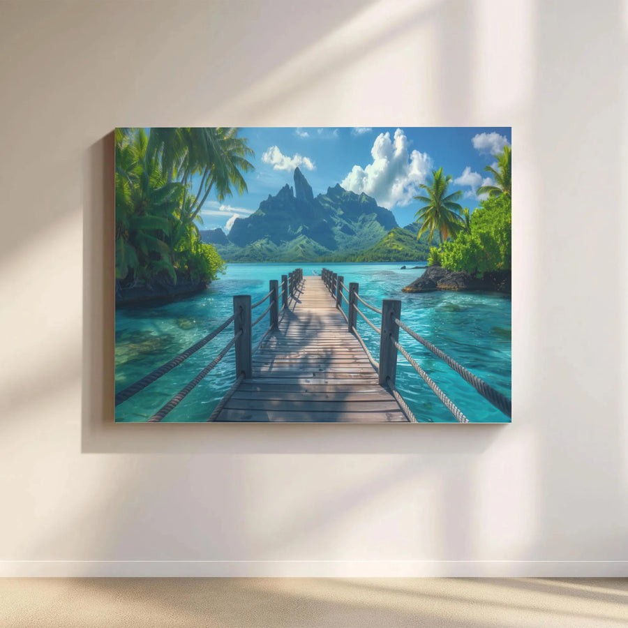 Tropical Beach Canvas Wall Art | Turquoise Ocean Dock & Mountain View | Premium Fade-Resistant Print | Relaxing Coastal Home Decor Gift