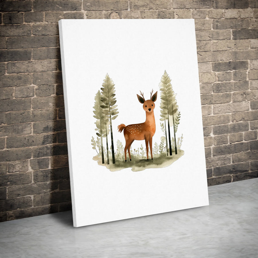 Watercolor Woodland Deer Canvas | Cute Forest Animal Nursery Art | Premium Gallery-Wrapped Print | Minimalist Wildlife Decor for Kids Room