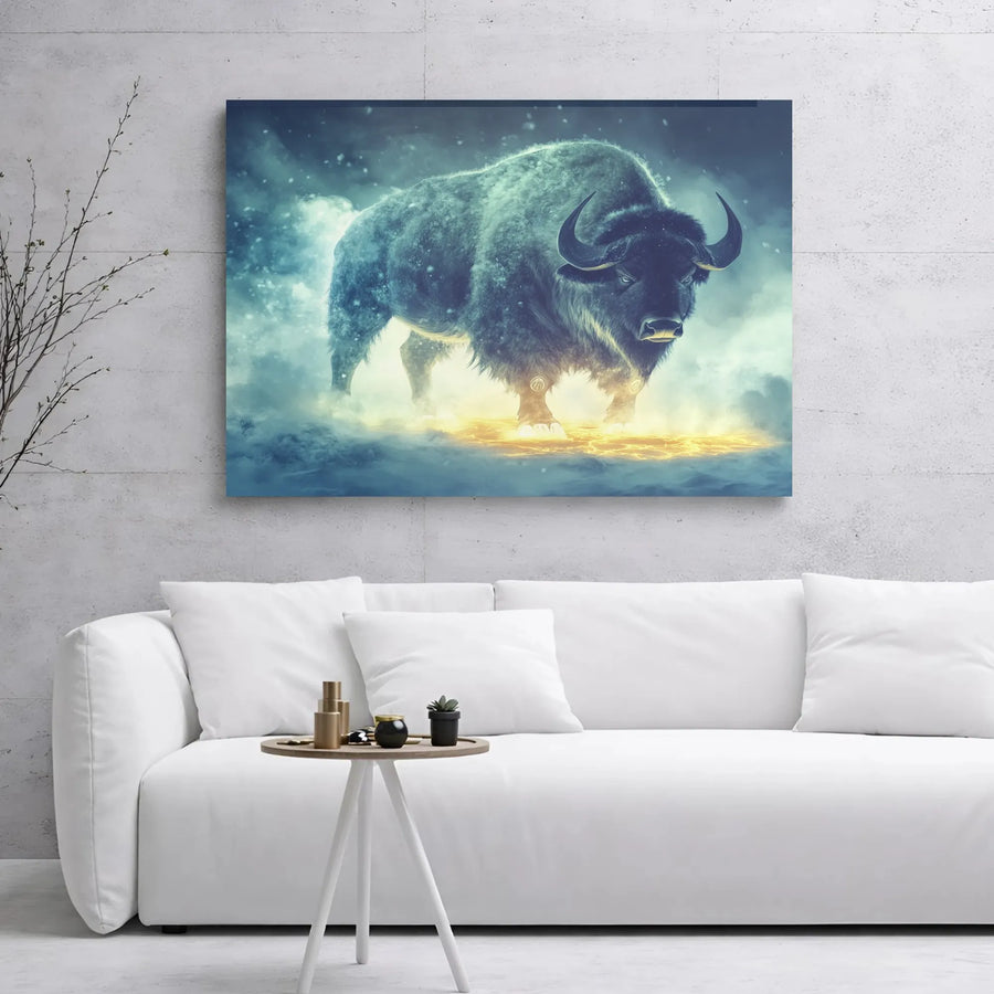 Majestic Bison Canvas Wall Art | Glowing Energy Mythical Animal Portrait | Premium Gallery Wrap 1.25" Frame | Western Home Office Decor Gift