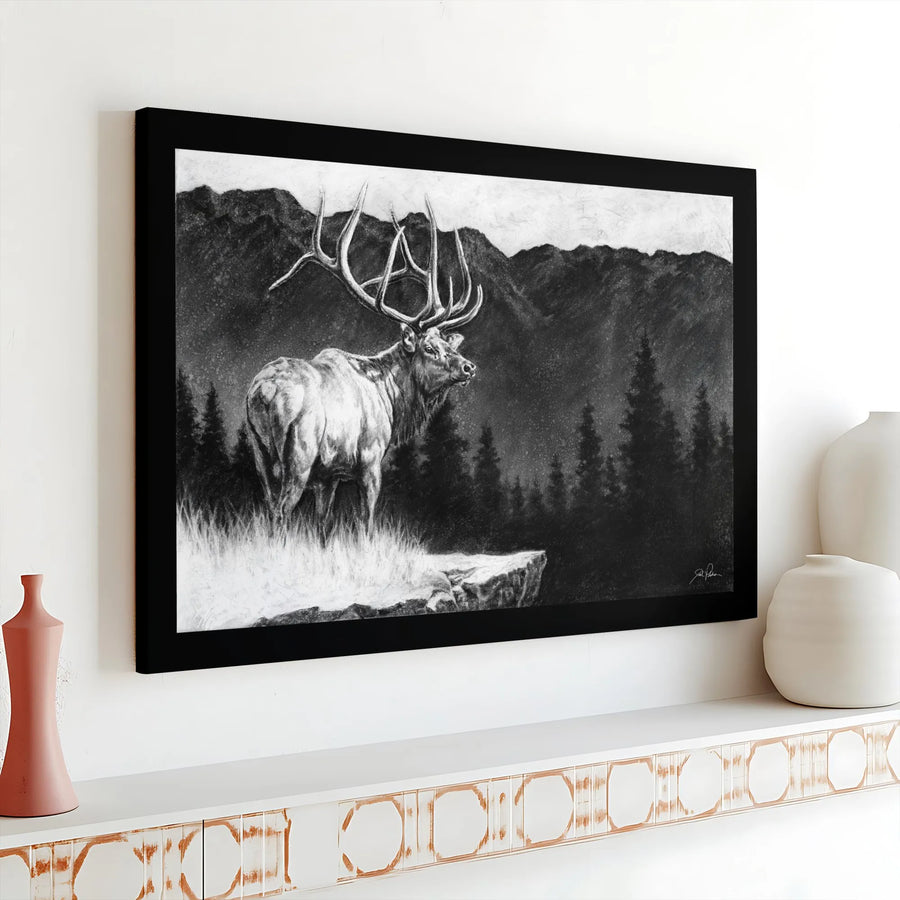Bull Elk Wall Art | Charcoal Drawing Mountain Landscape | Premium Gallery Wrap Canvas | Rustic Lodge Decor Gift