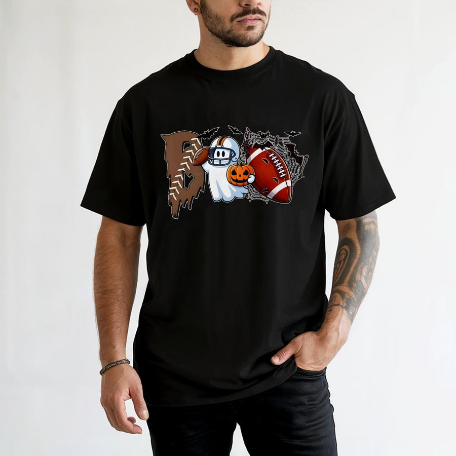 Boo Football Halloween T-Shirt | Cute Ghost Playing Sports Graphic | 100% Cotton Premium Tee | Game Day Gift for Football Moms & Fans