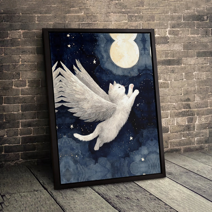 Celestial Cat Canvas Wall Art | Angelic White Kitty Flying in Starry Night Sky | Premium Fade-Resistant Gallery Wrap | Whimsical Home Decor Gift