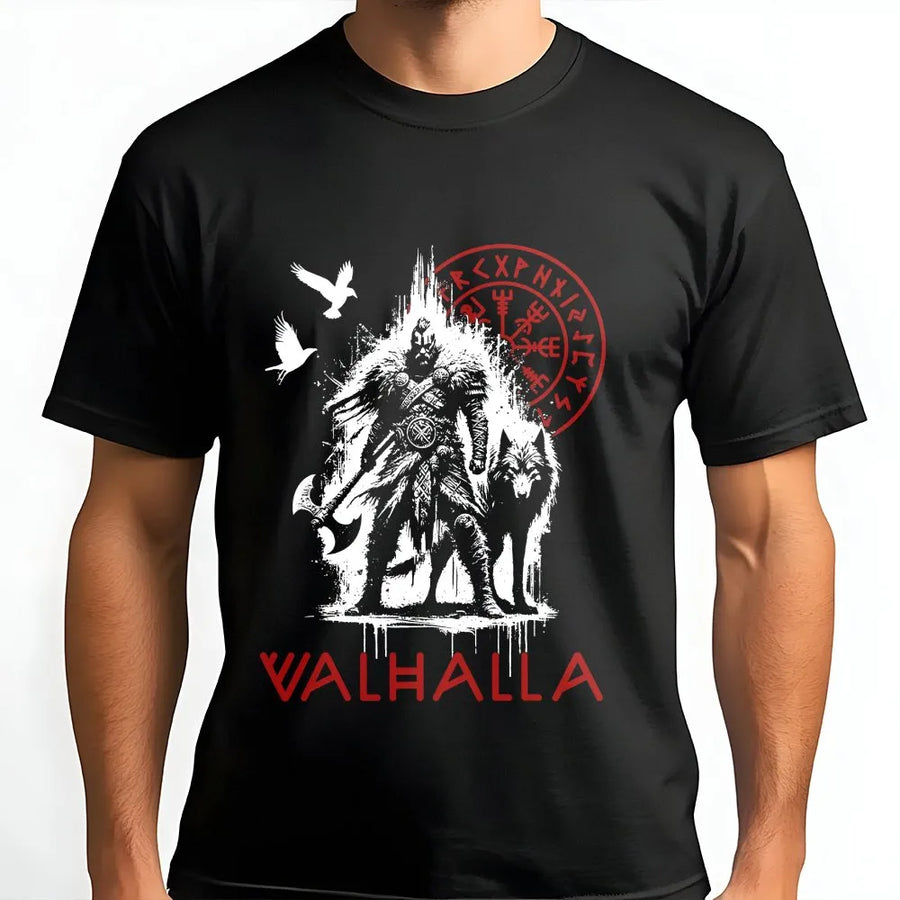 Viking Valhalla T-Shirt | Norse Compass, Wolf & Raven Graphic | Premium Cotton Blend Pullover | Gift for Men, Nordic Mythology Apparel