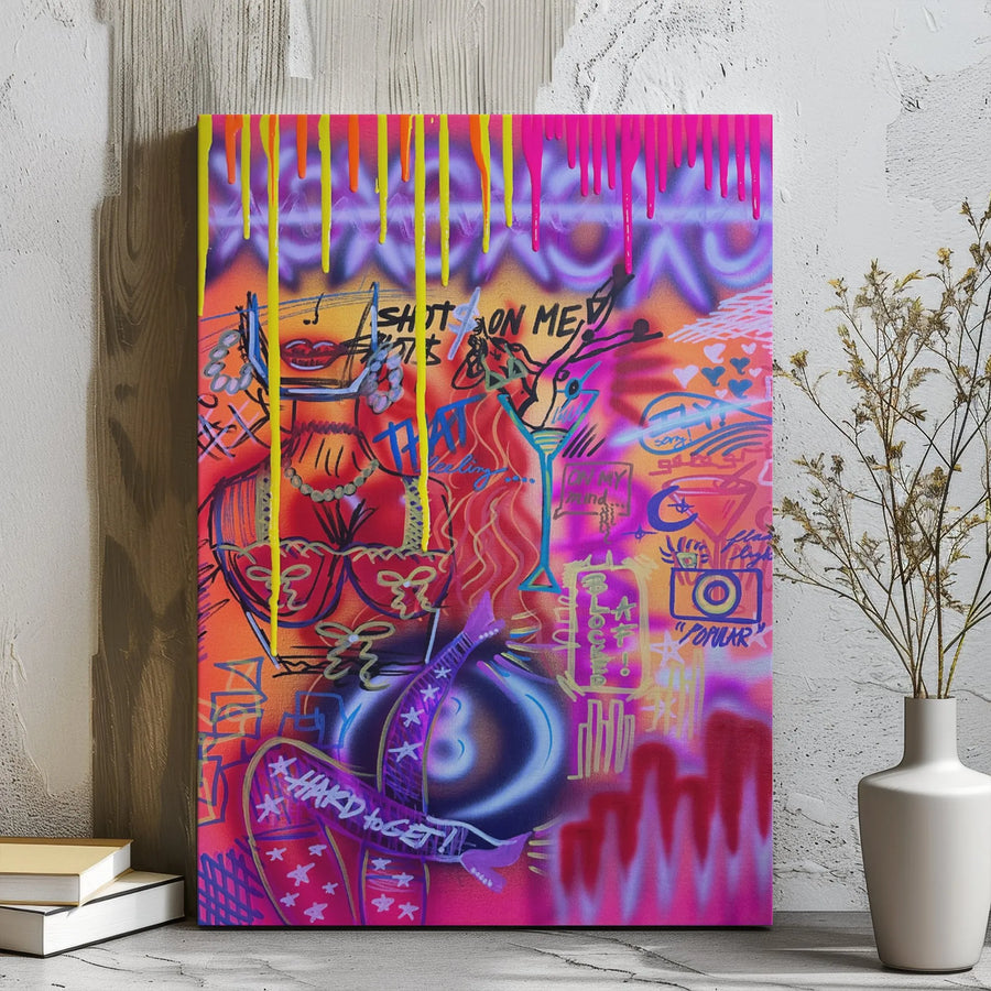 Neon Graffiti Canvas Wall Art | Urban Street Style Pop Art Print | Premium 1.25-Inch Gallery Wrap | Edgy Home Decor For Apartment Or Studio