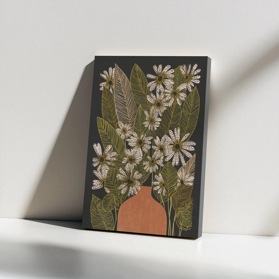 Modern Floral Vertical Canvas | Boho Daisy Bouquet in Terracotta Vase | Premium Gallery-Style Print | Gift for Modern Home Decor