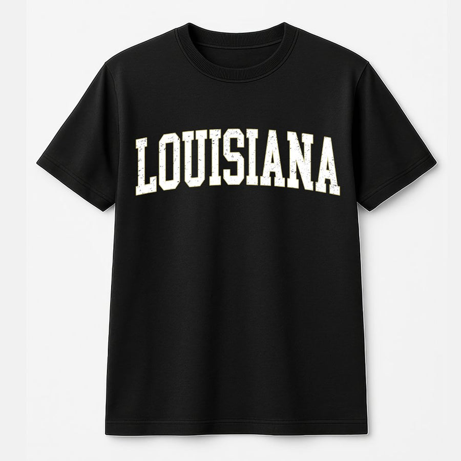 Louisiana T-Shirt | Retro Collegiate Varsity Font Design | 100% Soft Cotton Premium Tee | Comfortable Casual Gift for Locals and Travelers