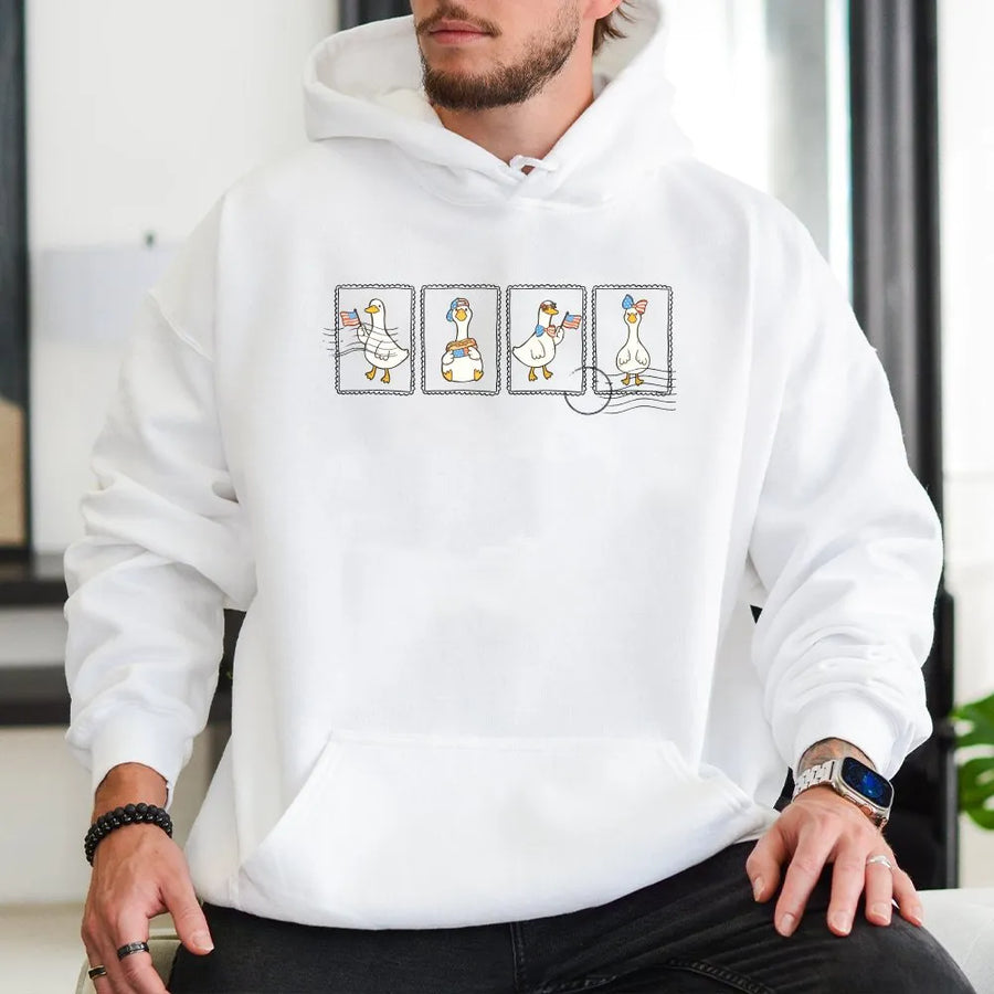 Funny 4th of July Silly Goose Hoodie | Patriotic Postage Stamp Graphic | Premium Cotton Blend Sweatshirt | Unisex USA Independence Day Gift