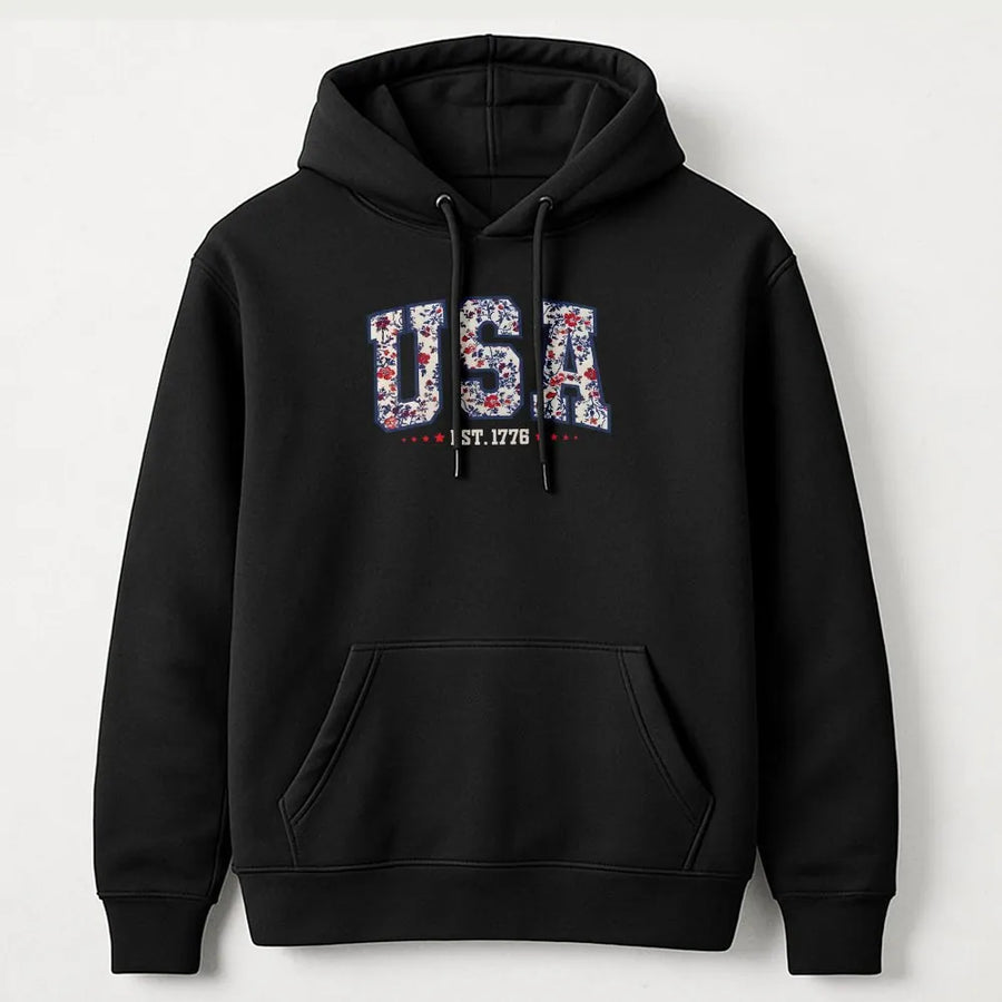 Girly USA Hoodie | Floral Patriotic Est 1776 Sweatshirt | Cozy Cotton Blend | 4th of July Gift for Women