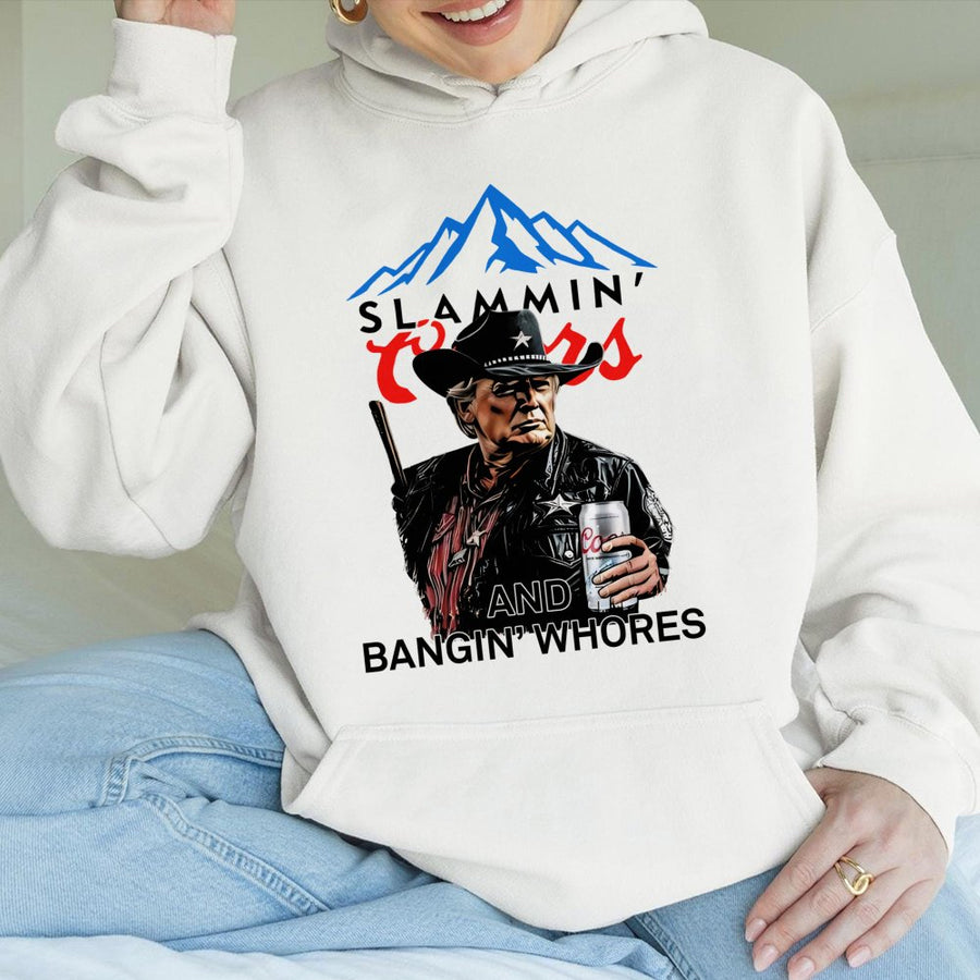Trump Beer Drinking Hoodie, Slammin' Coors & Bangin' Whores Graphic, Bold Patriotic Hoodie For Beer Lovers & Trump Fans