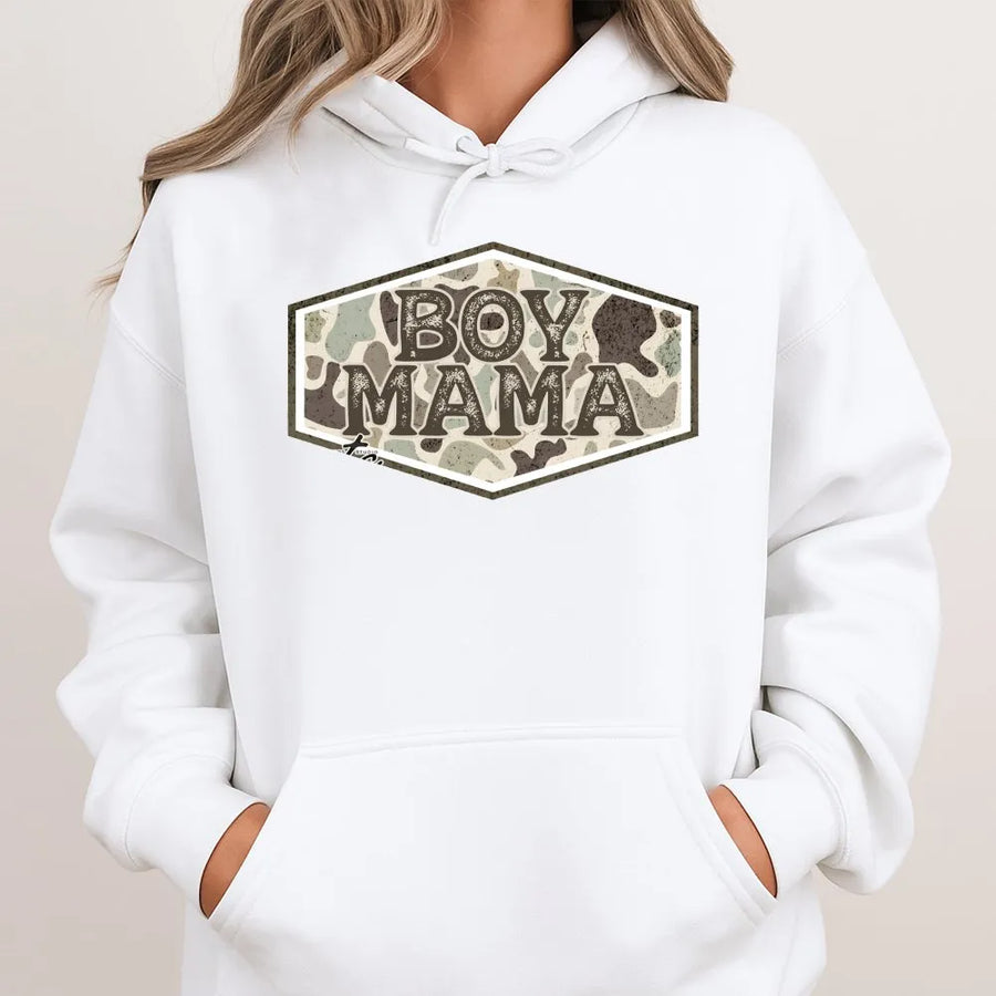 Boy Mama Hoodie | Distressed Camouflage Graphic Print | Premium Cotton Blend | Gift for New Mom Birthday Present