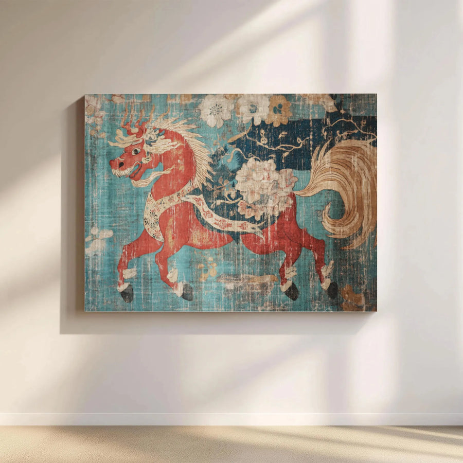 Vintage Asian Red Dragon Horse Wall Art | Mythical Creature Aesthetic | Premium Gallery Canvas | Home & Office Decor Gift