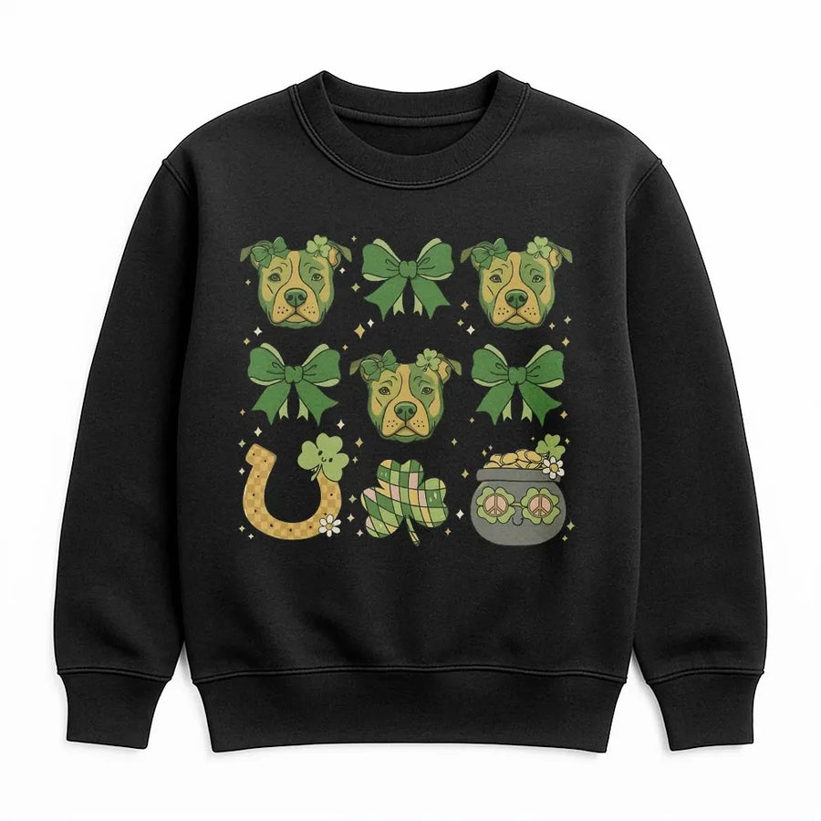 St Patrick's Day Pitbull Sweatshirt | Coquette Aesthetic Lucky Dog Mom | Premium Cotton Blend Crewneck | Cute Irish Clover Gift for Dog Lovers