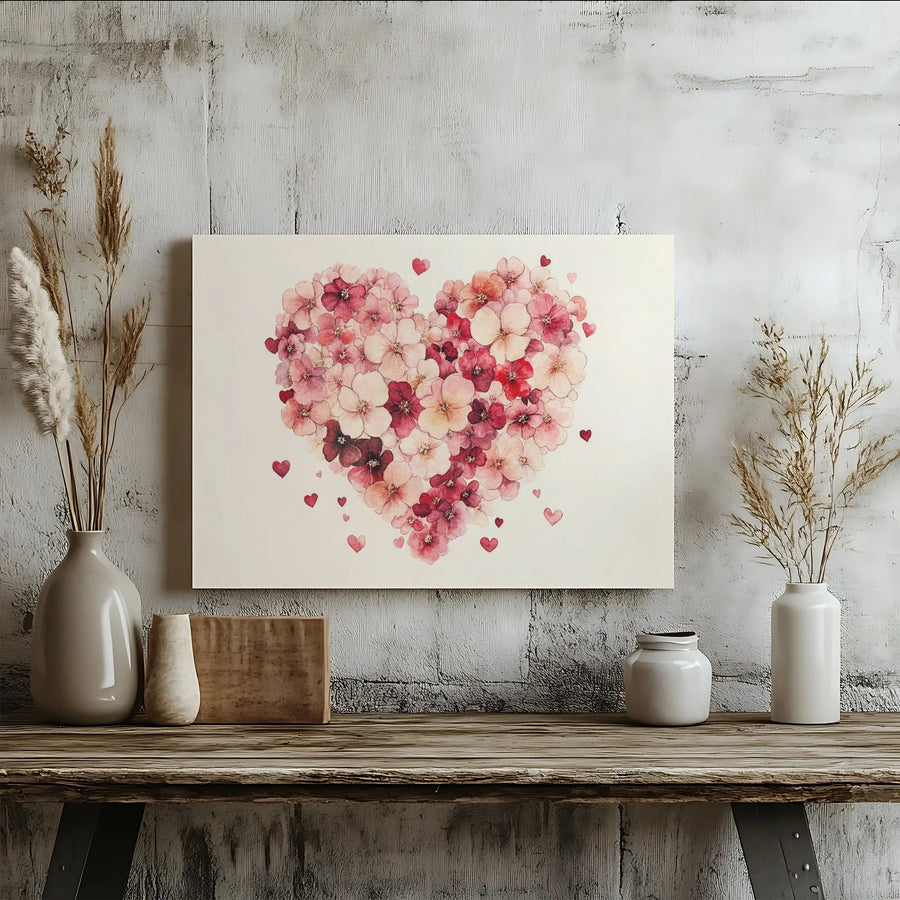 Floral Heart Canvas Wall Art | Watercolor Pink Flower Illustration | 1.25 Inch Gallery Wrap | Romantic Home Decor Gift