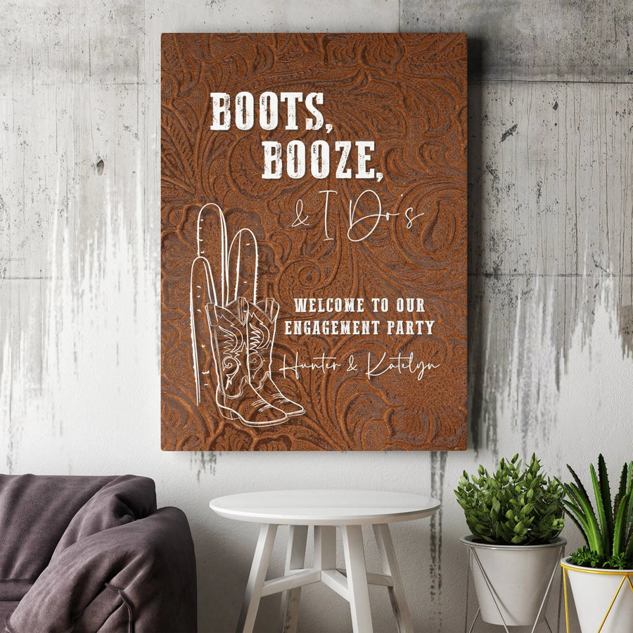 Boots and Booze Welcome Sign Canvas | Rustic Cowboy Boot Art on Tooled Leather Background | Premium Gallery Wrap Print | Western Engagement Party Decor Gift