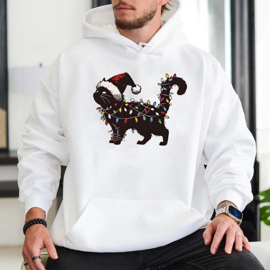 Black Cat Christmas Hoodie | Santa Hat Fairy Lights Graphic | Premium Cotton Blend | Funny Cat Lover Holiday Gift For Her