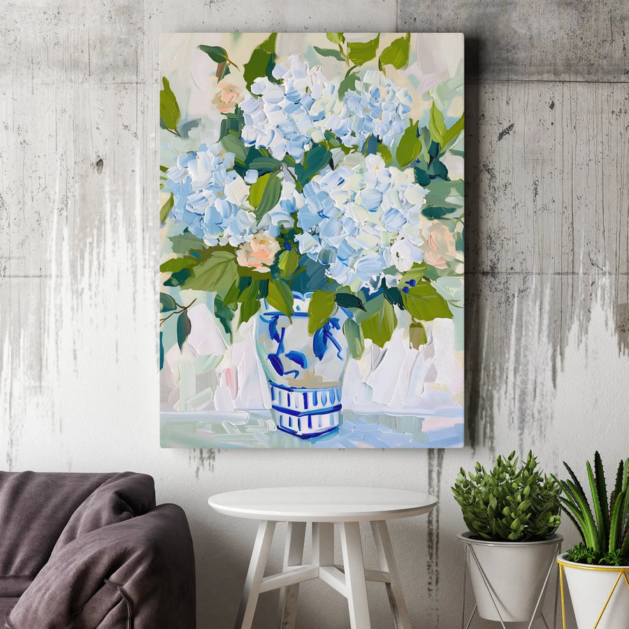 Blue Hydrangea Canvas Wall Art | Textured Floral Print in Blue and White Vase | Premium Gallery Wrapped Canvas | Grandmillennial Living Room Decor