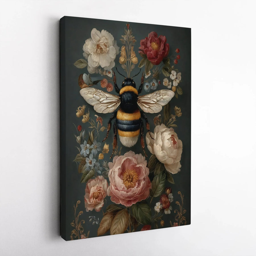 Bumblebee Wall Art Canvas | Vintage Dark Floral Bouquet Illustration | Premium Gallery Wrap Print | Nature Decor For Home Or Office