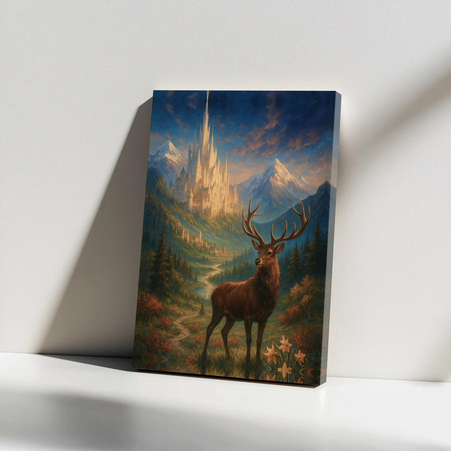 Fantasy Stag Canvas Wall Art | Enchanted Castle Mountain Landscape | Premium Gallery Wrap Decor | Mythical Forest Decor Gift for Nature Lovers
