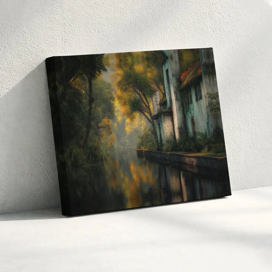 Misty Canal Landscape Canvas Wall Art | Moody Autumn Forest & Old House Print | Premium Gallery Wrap 1.25" Thickness | Nature Home Decor Gift
