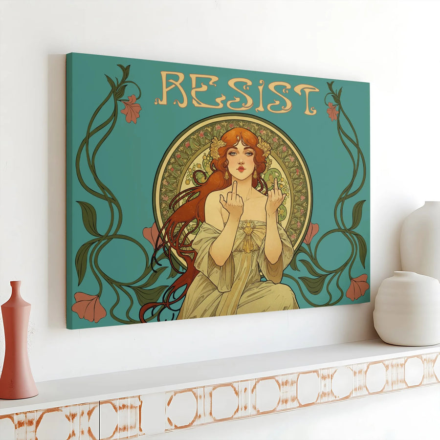 Resist Canvas Wall Art | Art Nouveau Woman Middle Finger Print | Premium Gallery Wrap Decor | Feminist Statement Gift for Home Office
