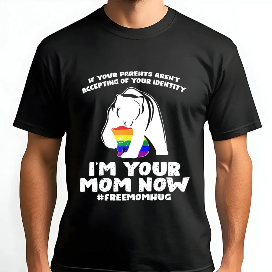 Free Mom Hugs T-Shirt | LGBTQ Rainbow Mama Bear Pride Design | 100% Soft Cotton Premium Tee | Supportive Gift For Allies And Community