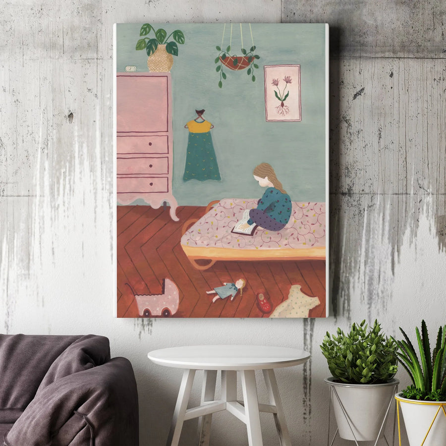 Storybook Girl Reading Canvas Art | Whimsical Bedroom Illustration | Premium Gallery Wrap Canvas | Nursery & Kids Room Decor Gift