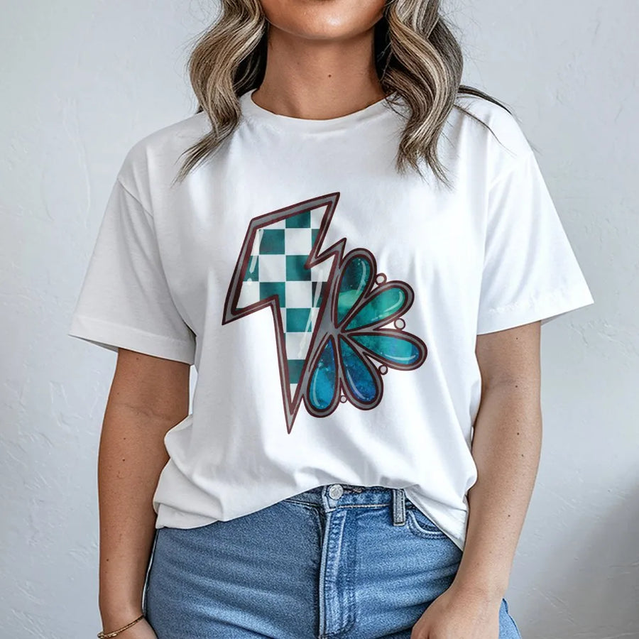 Western Lightning Bolt T-Shirt | Checkerboard Flower Graphic | 100% Cotton Premium Tee | Boho Cowgirl Country Western Gift for Women