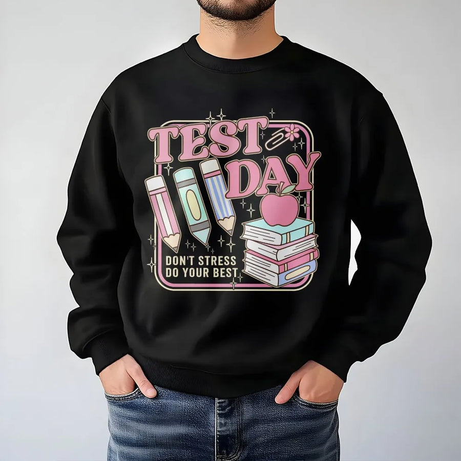 T-shirt pour enseignant en jour de test | T-shirt graphique rétro et groovy « Ne stresse pas, fais de ton mieux » | T-shirt en coton doux | Cadeau pour coordinateur des tests ou enseignant