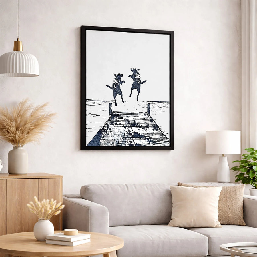 Dog Dock Jumping Wall Art | Black and White Linocut Print | Premium Gallery Wrapped Canvas | Minimalist Pet Lover Home Decor Gift