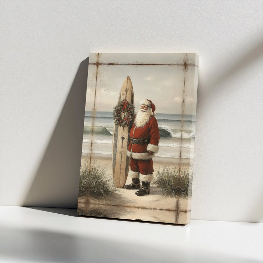 Coastal Santa Wall Art | Vintage Surfing Santa With Christmas Wreath | Premium Gallery Wrapped Canvas | Holiday Beach House Decor Gift