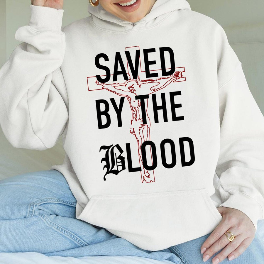 Saved By The Blood Hoodie | Religious Cross Jesus Graphic | Premium Cotton Blend | Christian Faith Gift For Men & Women