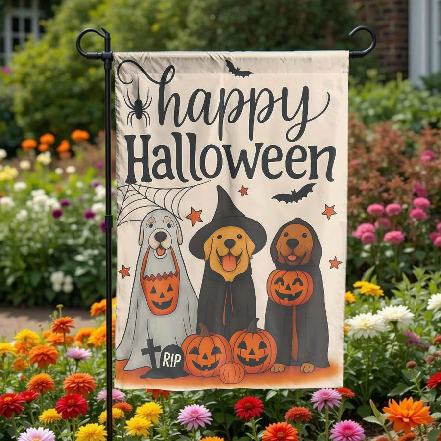 Halloween Dog Garden Flag | Cute Witch And Ghost Puppies | Premium Weather-Resistant Polyester | Seasonal Outdoor Yard Decor Gift