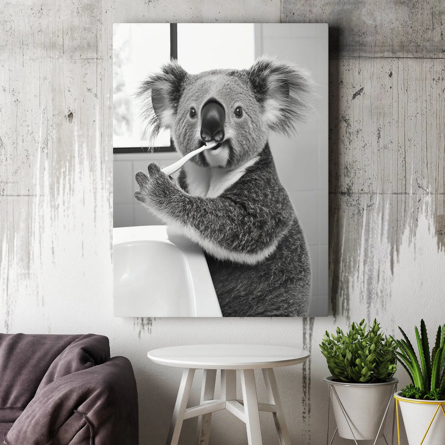Koala Brushing Teeth Canvas Art | Funny Bathroom Animal Wall Decor | Premium Stretched Gallery Wrap | Whimsical Home Decor Gift