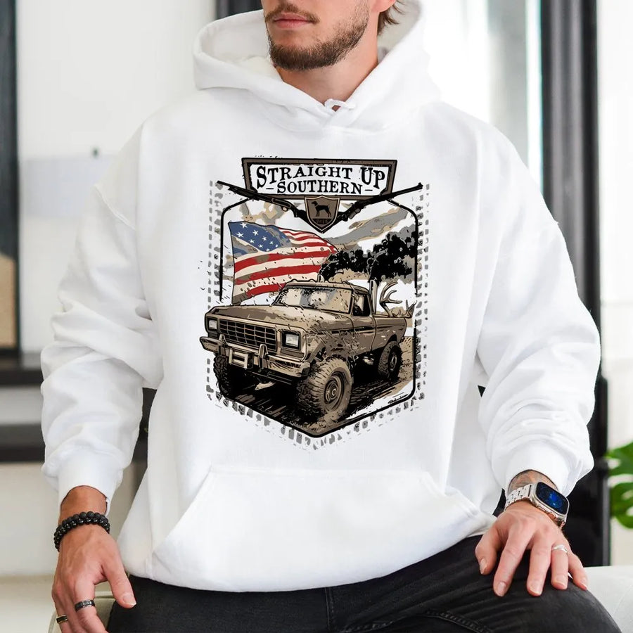 Off Road Truck Hoodie | Vintage American Flag Graphic | Premium Cotton Blend | Gift For Country Music And Outdoor Adventure Lovers