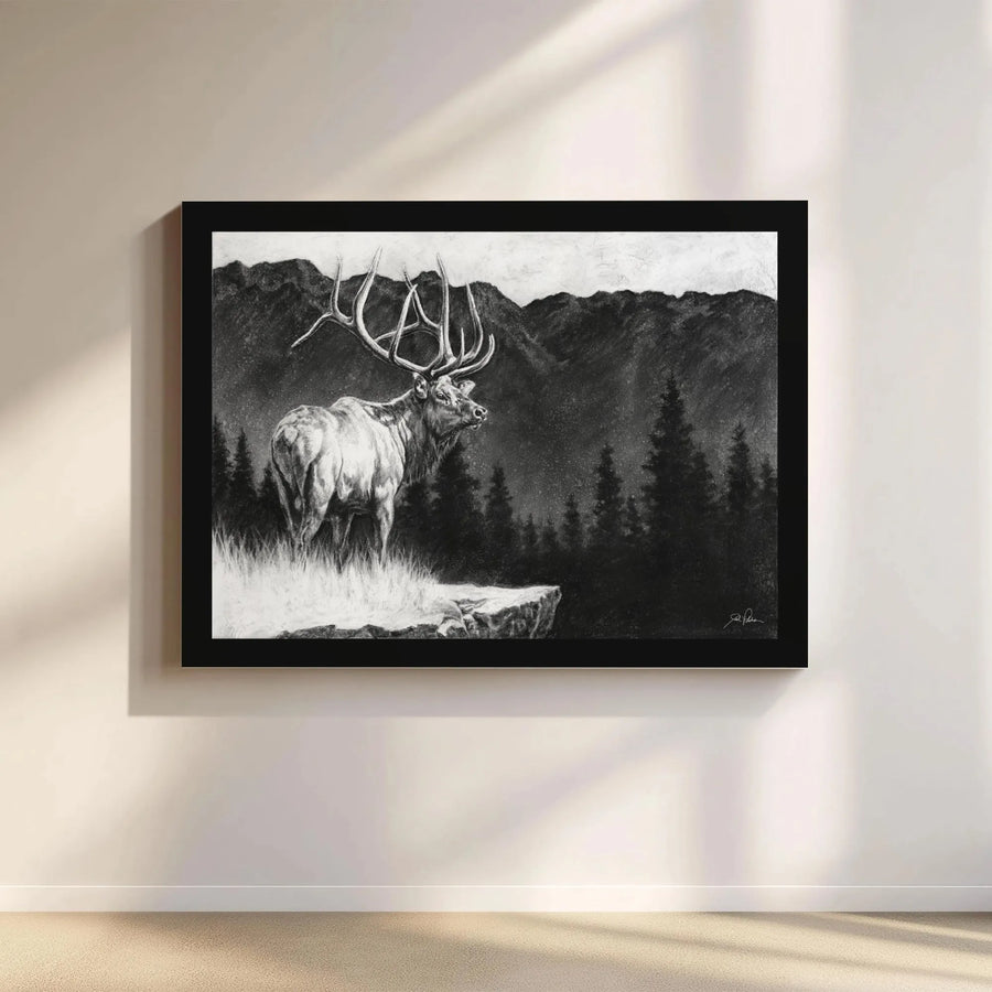Bull Elk Wall Art | Charcoal Drawing Mountain Landscape | Premium Gallery Wrap Canvas | Rustic Lodge Decor Gift