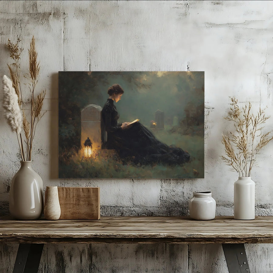 Gothic Victorian Wall Art | Woman Reading by Lantern in Cemetery | Gallery Wrapped Canvas Print | Moody Dark Academia Home Decor Gift