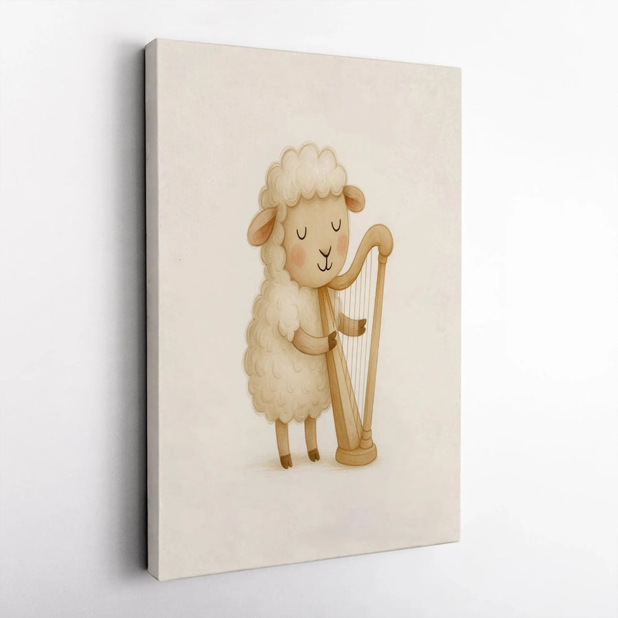 Cute Sheep Playing Harp Canvas | Whimsical Farm Animal Nursery Wall Art | 1.25-Inch Thick Premium Gallery Print | Charming Gift for Kids Room Decor