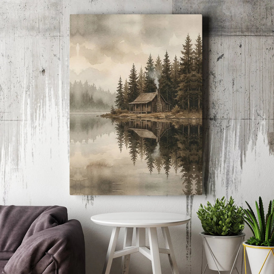 Rustic Cabin Canvas Wall Art | Misty Forest Lake & Pine Tree Reflection | Premium Gallery Wrapped Canvas | Rustic Lodge Decor Gift