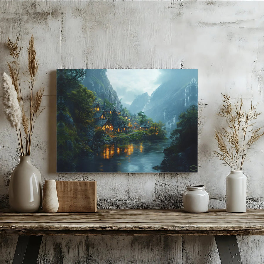 Fantasy Valley Village Canvas Print | Enchanted River Landscape Art | Premium Gallery Wrapped Wall Decor | Whimsical Nature Home Gift