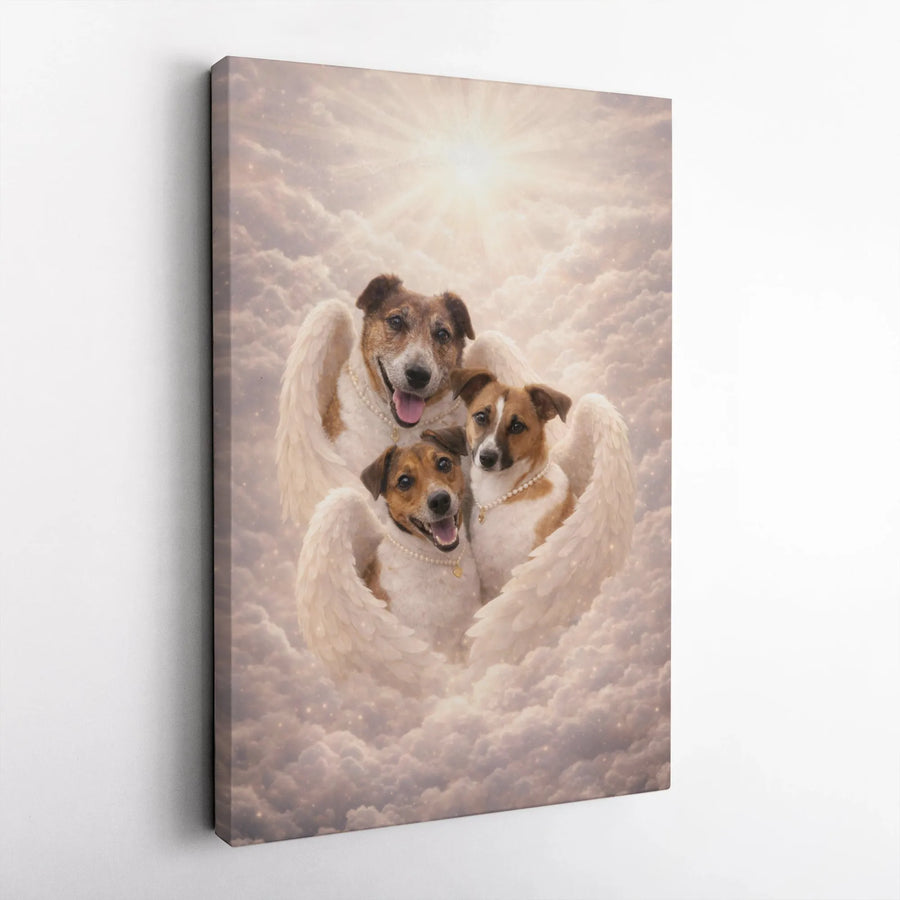Angel Dogs Memorial Canvas | Three Jack Russell Terriers in Heaven Art | Premium Gallery Wrapped Print | Pet Loss Sympathy Gift for Dog Lover