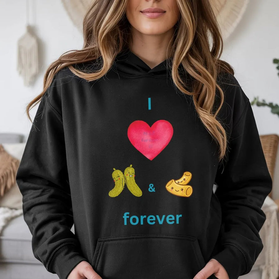 Pickle and Macaroni Lover Hoodie | Cute Cartoon Food Graphic Design | Cotton Blend Premium Sweatshirt | Funny Gift for Foodies