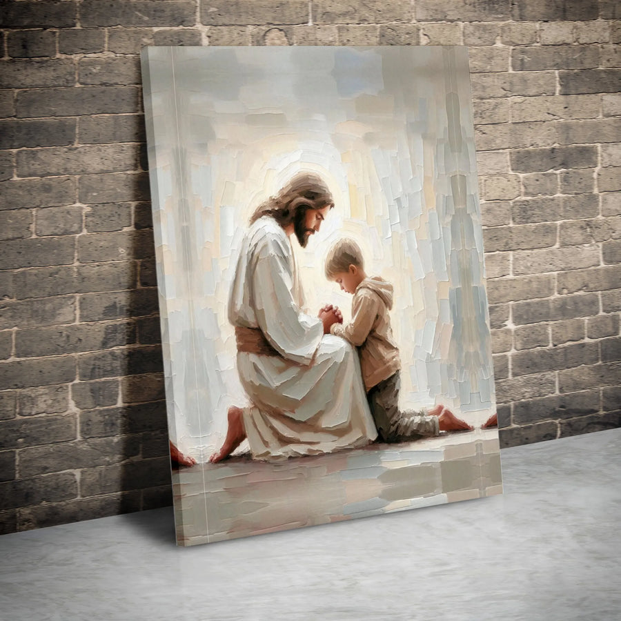 Jesus Praying With Child Canvas Wall Art | Impasto Religious Oil Painting Style | Premium 1.25 Inch Gallery Wrap | Christian Home Decor Gift