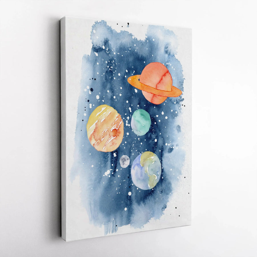 Watercolor Planets Vertical Canvas | Solar System Space Art Print | Premium Gallery Wrapped Wall Decor | Gift for Kids Room or Nursery Decor