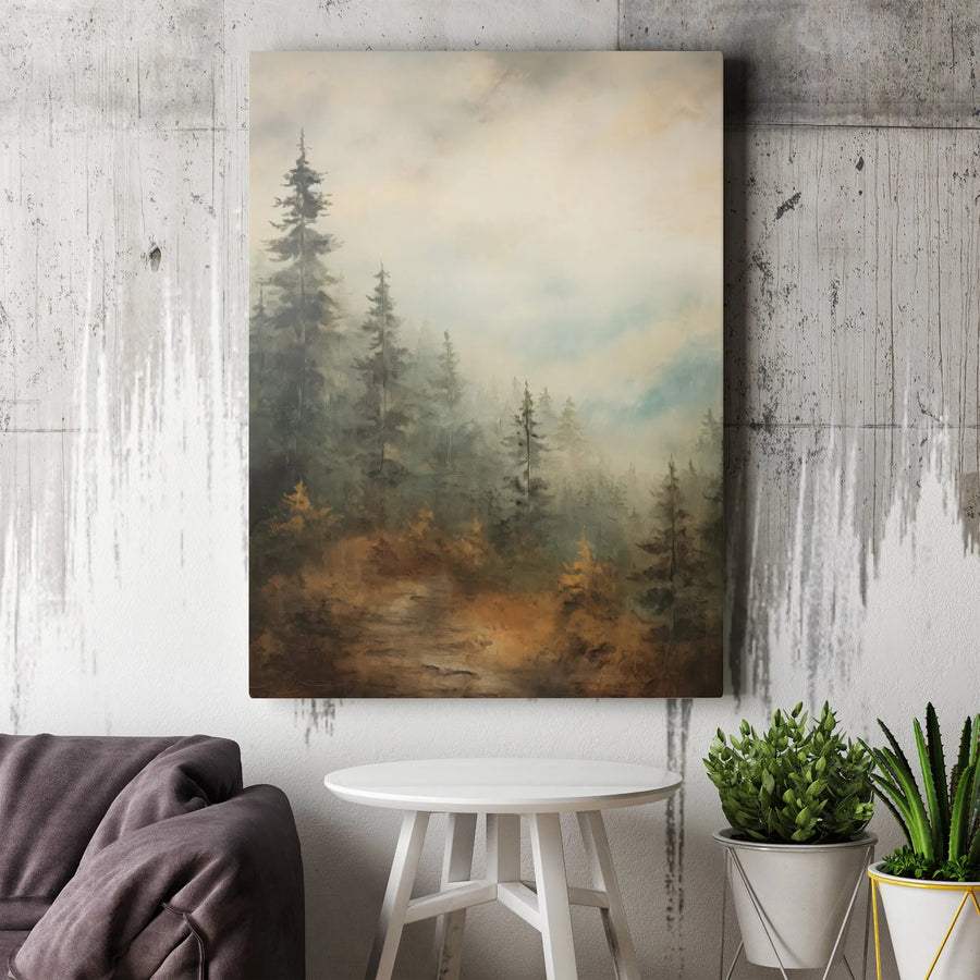 Misty Pine Forest Canvas Art | Moody Woodland Landscape Wall Decor | Gallery Wrapped Premium Print | Nature-Inspired Gift for Home or Office