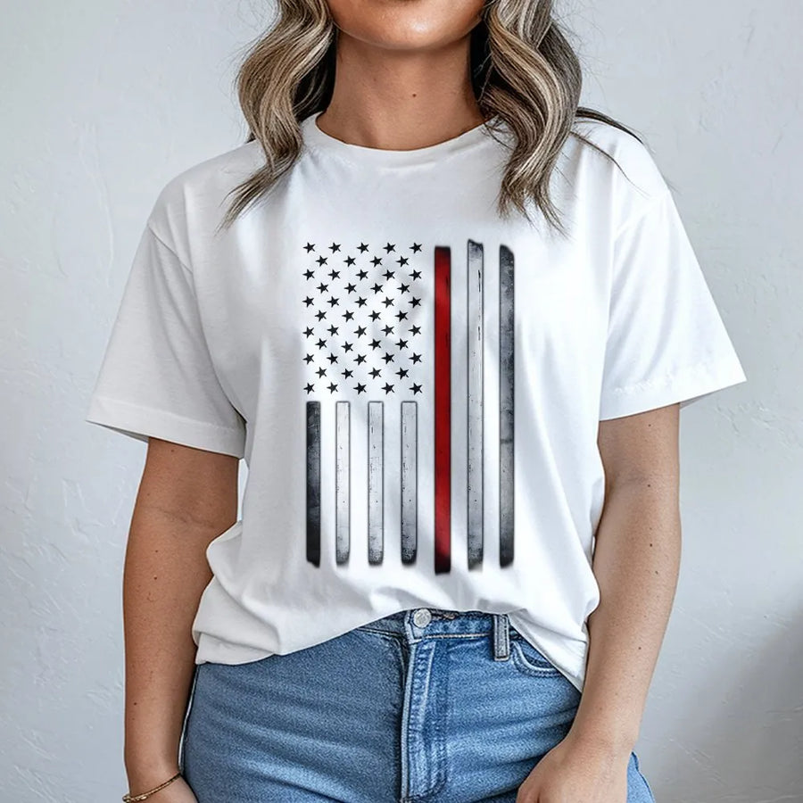 Thin Red Line Flag T-Shirt | Distressed American Flag Graphic | Premium Crewneck Pullover | Gift for Firefighter Supporter